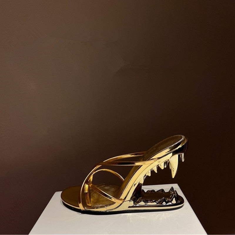 Metal Giant Tooth Tiger Abnormal Shape Open Toe Heels