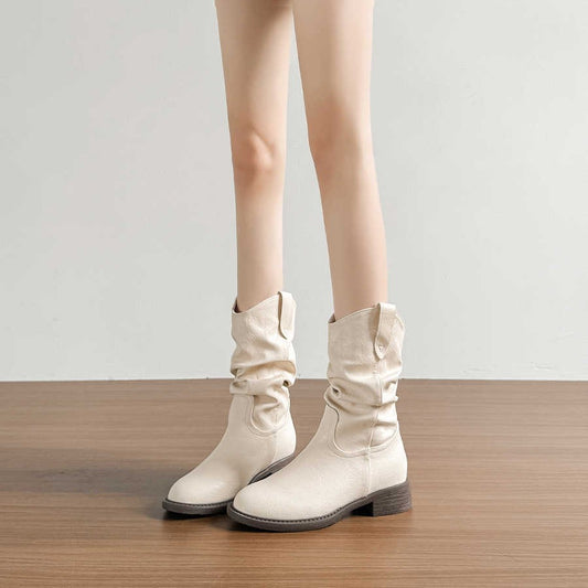 Women's Retro White Ankle Chunky Pleated Pile Style Hight Increasing Women's Leather Boots