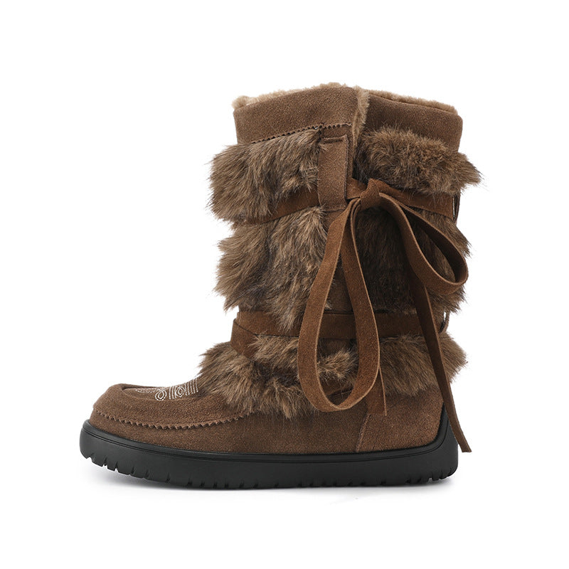 Women's Platinum Round Toe Niche Strap Genuine Warm Boots