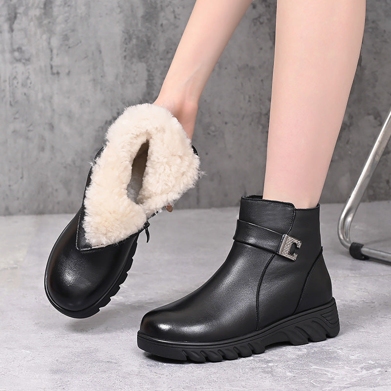 Women's Thick Top Layer Cowhide Veet Short Snow Boots