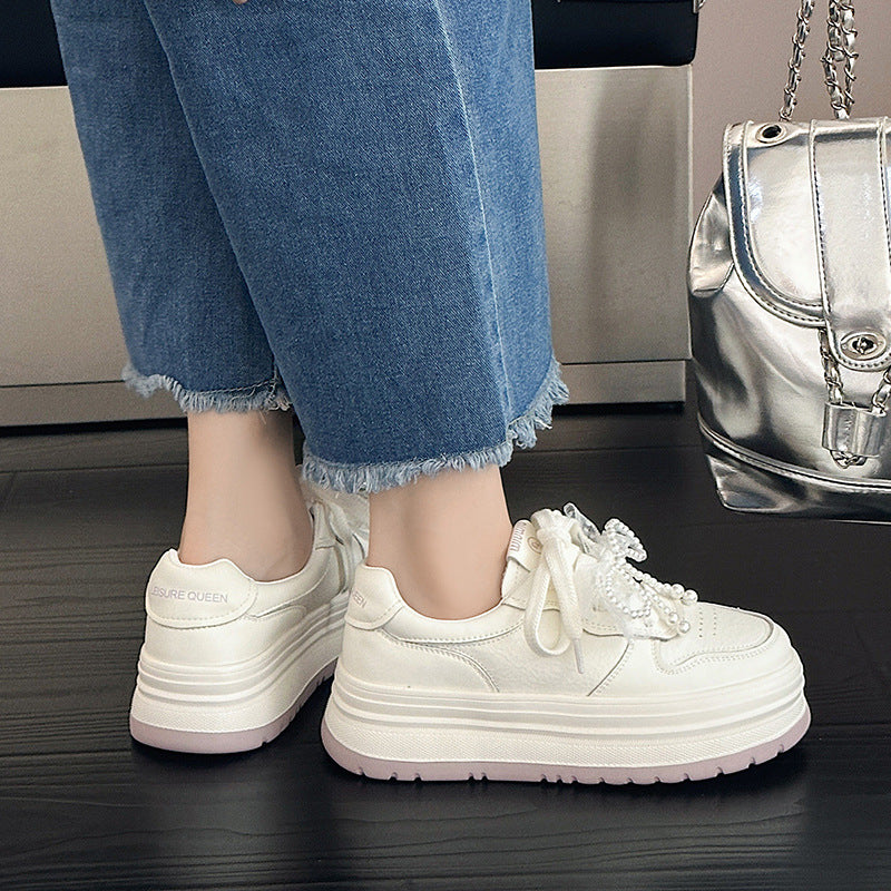 Women's Spring White Korean Versatile Cowhide Muffin Pearl Bow Women's Casual Shoes