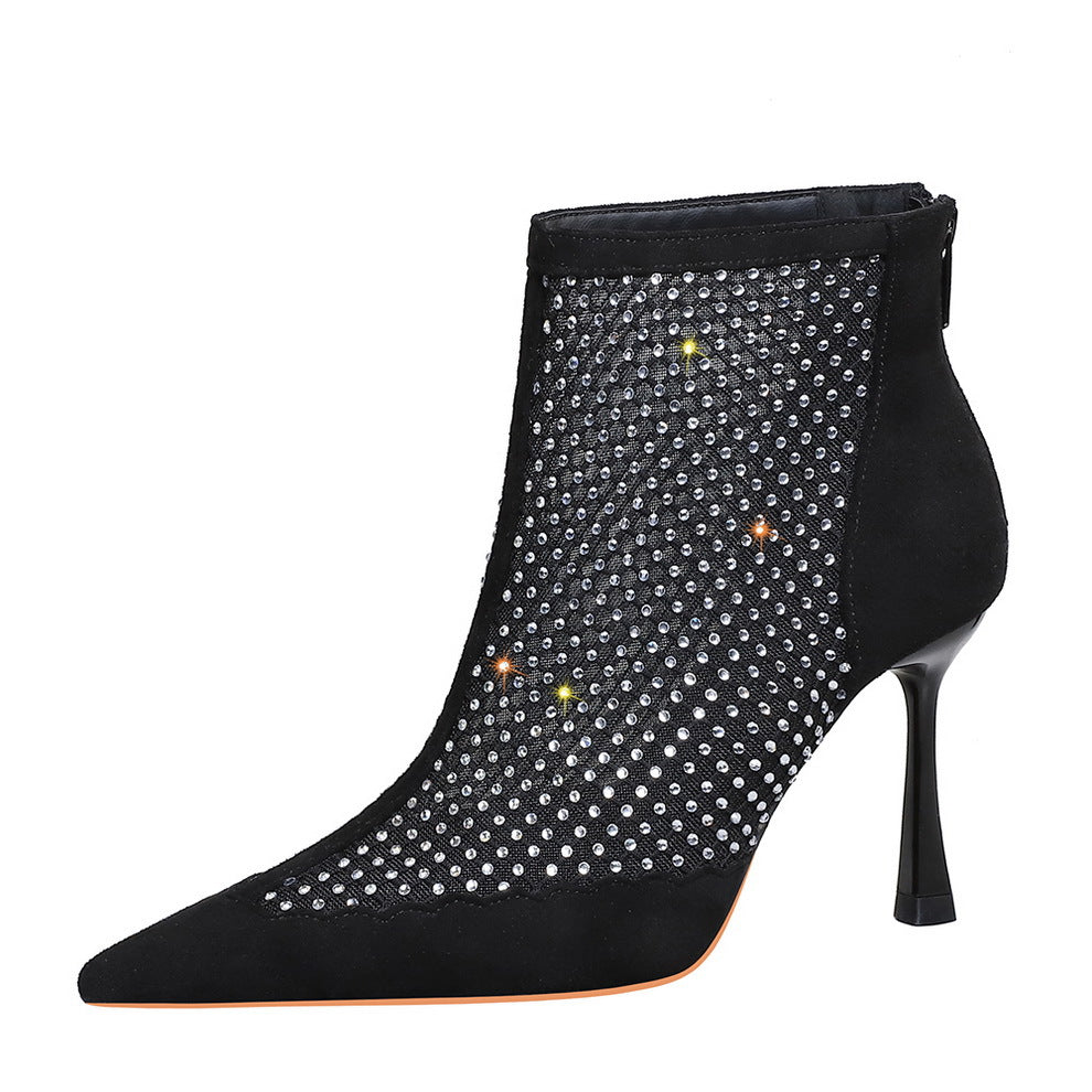 Women's Suede Stitching Mesh Rhinestone Back Zipper Fashion Stiletto Pointed Toe Women's Leather Boots