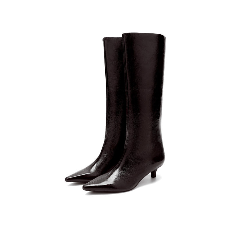 British Style Pointed Toe Below The Knee Large Women's Leather Boots