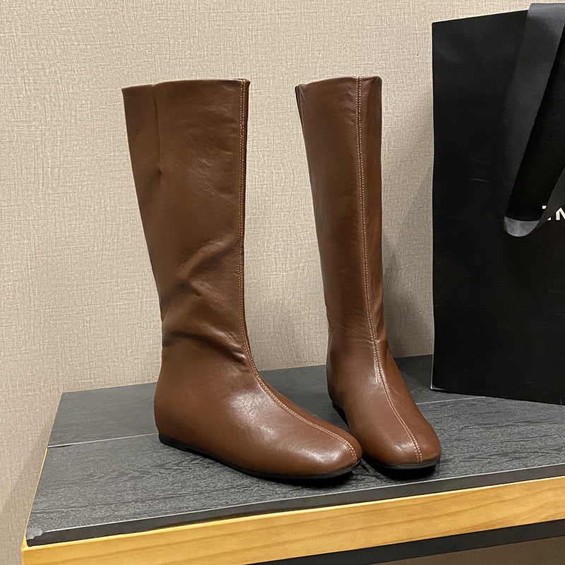 Veet High Female Retro Square Sleeve Women's Leather Boots