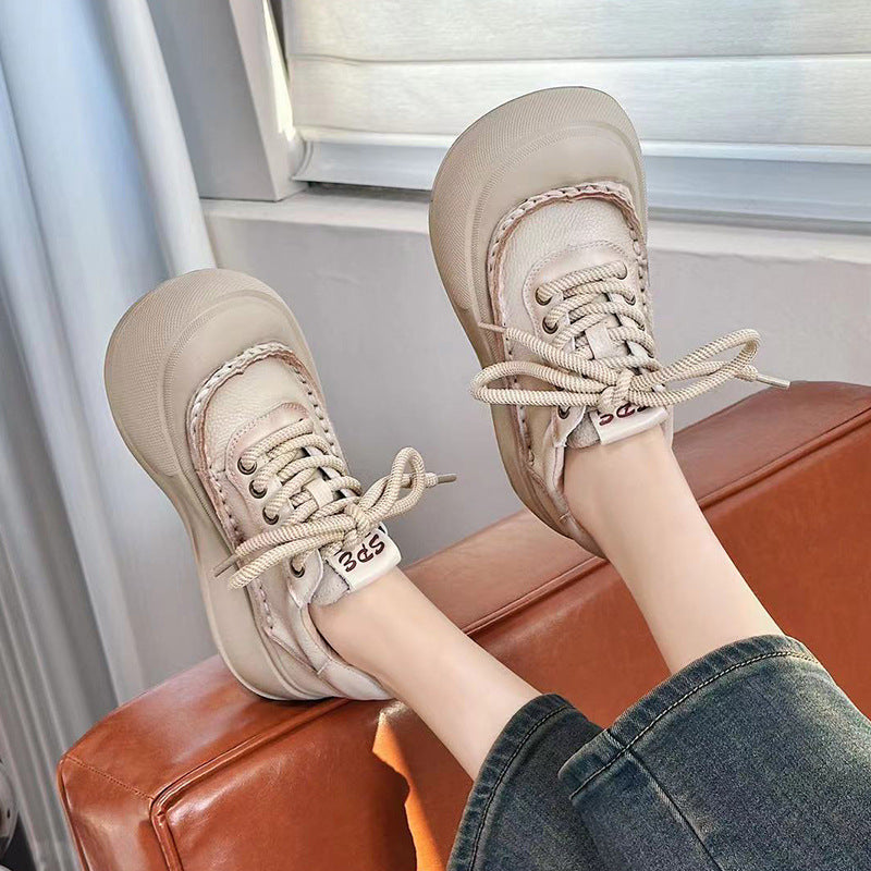 Women's First Layer Cowhide Retro Platform Spring Versatile Big Head Genuine Women's Casual Shoes