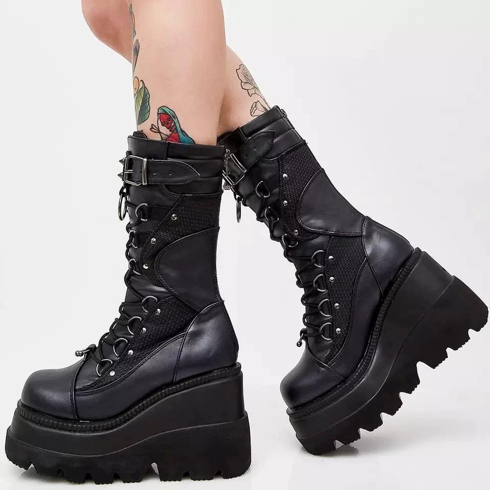 Women's Wedge Knight Plus Size Punk Handsome Platform Middle Women's Leather Boots