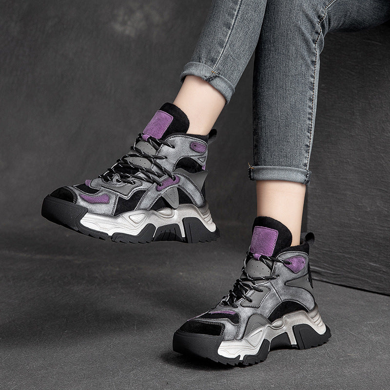 Women's Thick Bottom Contrast Retro Dad Fleece-lined Casual Shoes