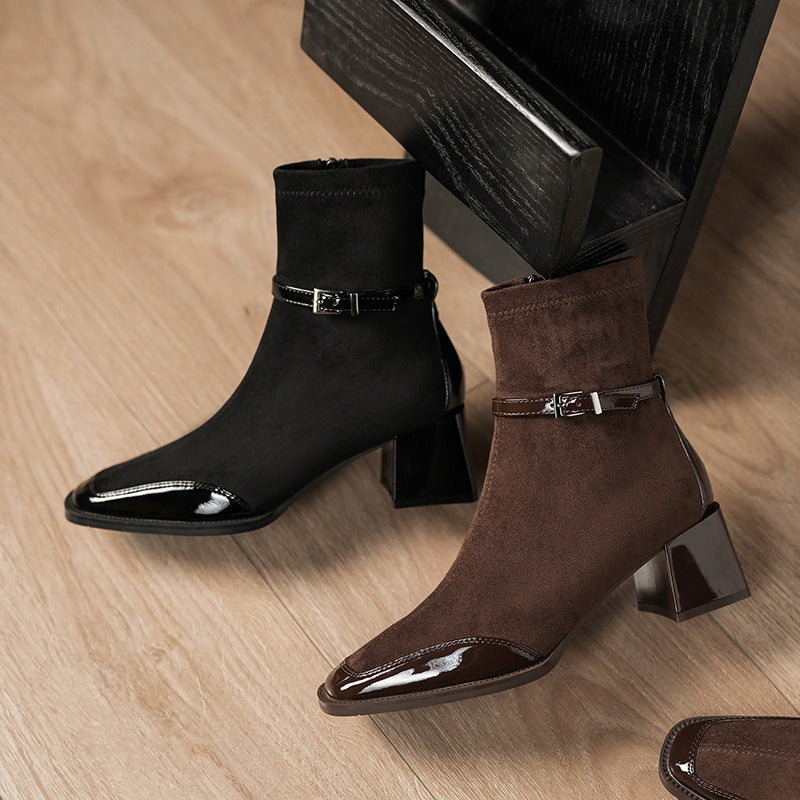Women's Cashmere Stitching Square Toe Booties Chunky High Skinny Joker Women's Leather Boots