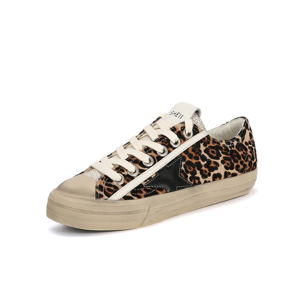 Cowhide Distressed Dirty Retro Lace Up Star Pattern Female Golden Women's Casual Shoes