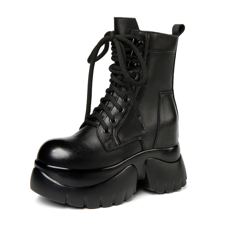 Women's Genuine Elevator High Black British Style Women's Leather Boots