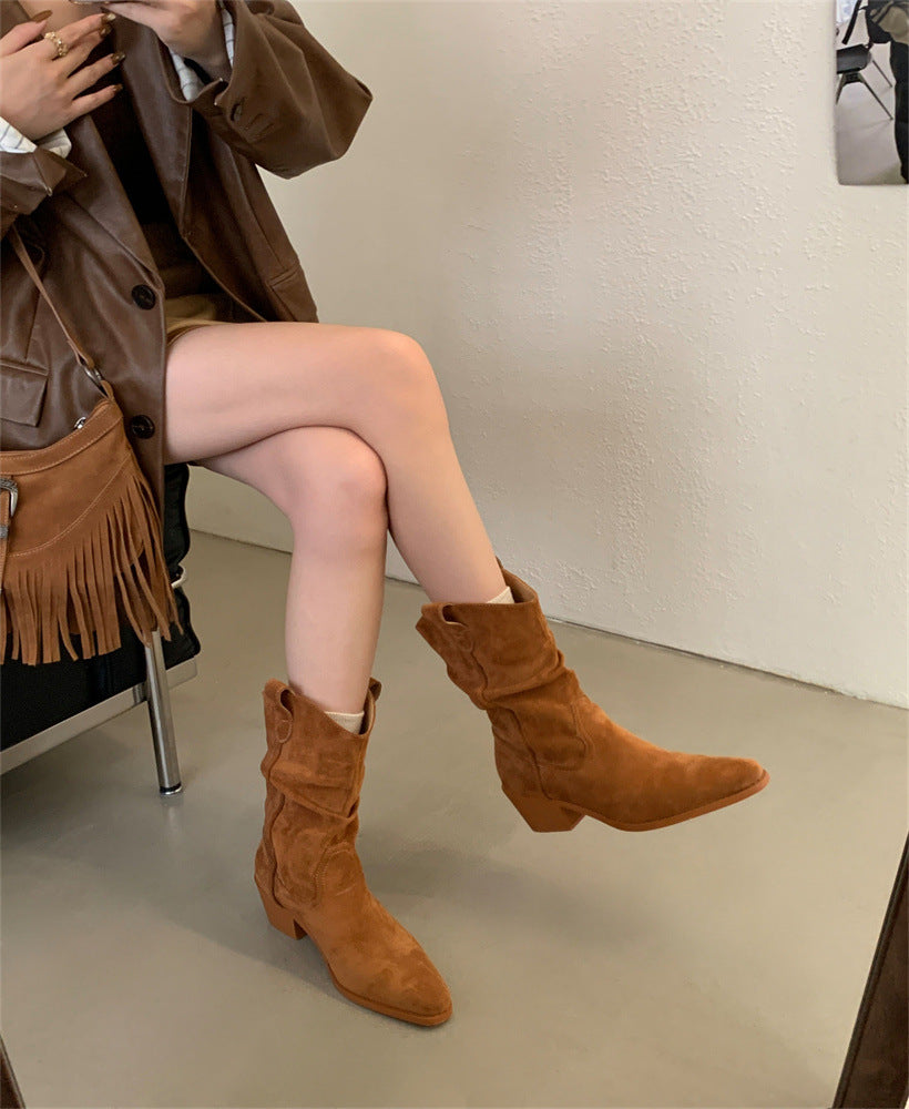 Chunky French Retro Pointed Western Cowboy Ankle Boots