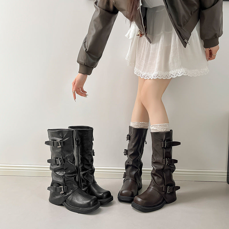 Elevated Thick-soled Belt Buckle Pantyhose Middle Chunky Women's Leather Boots