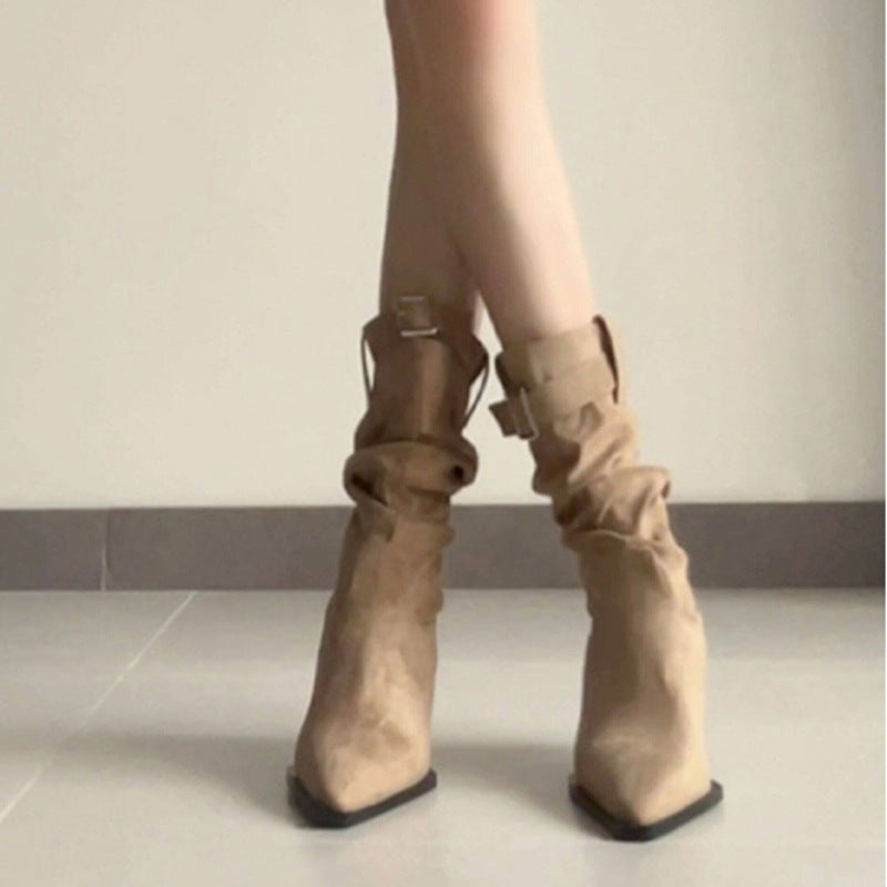 Women's Elegant Western Slimming Pile Style Retro Belt Buckle Boots