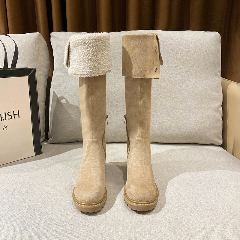 Women's Suede Thick-soled Stretch Widened Long Veet High Women's Leather Boots