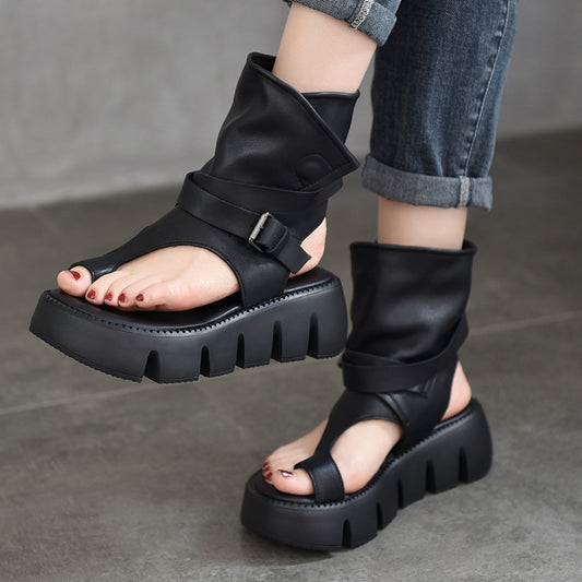 Roman Open Toe Summer Belt Buckle Back Empty Covering High-cut Platform Sandals