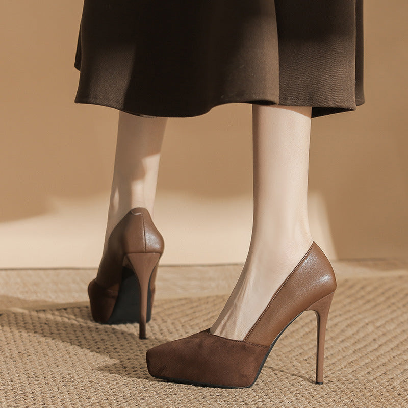 Women's Sexy Inner Waterproof Platform Low-cut High Black Suede Pointed Stiletto Women's Fashion Shoes