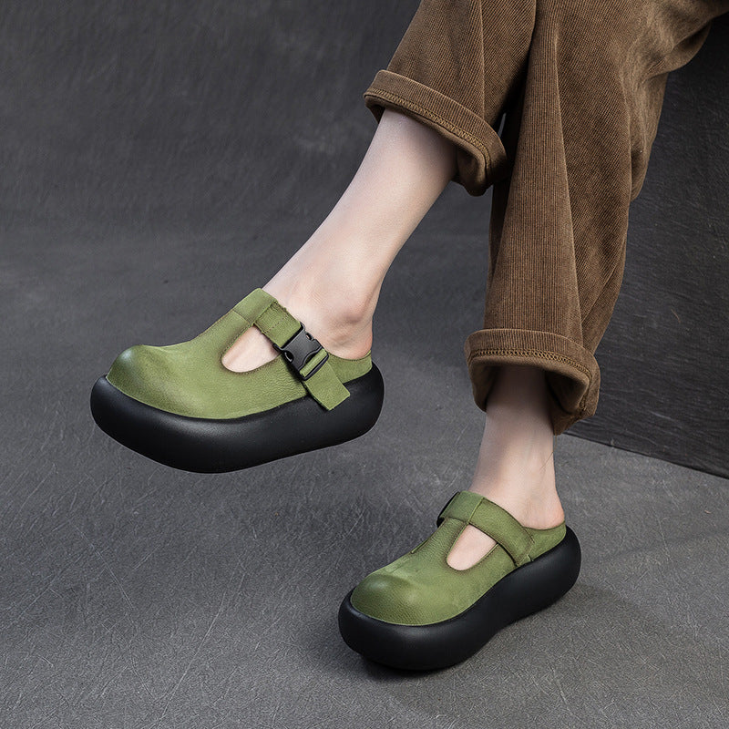 Women's First Layer Cowhide Closed Toe Light Luxury Minority Thick-soles Slippers