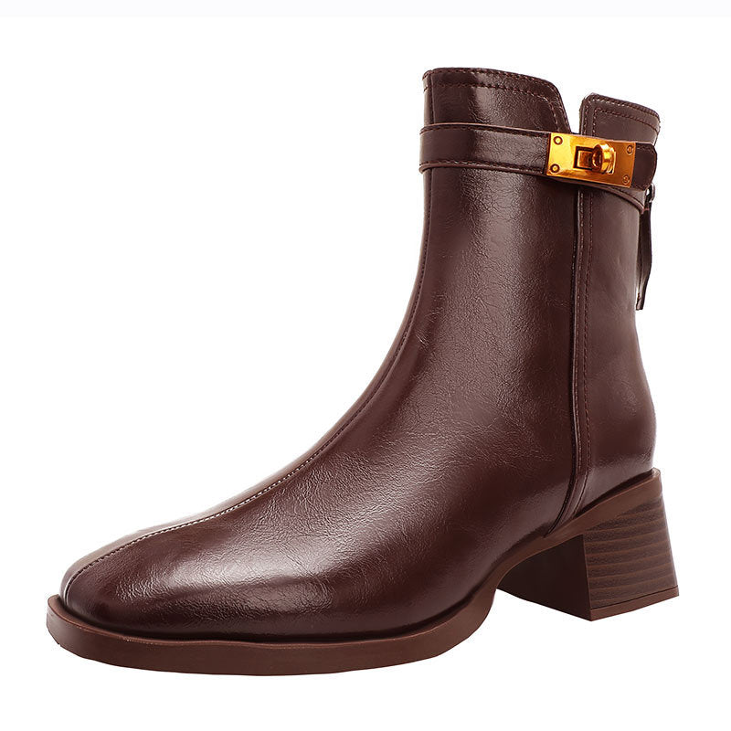 Women's Middle Tube Brown French Square Toe Boots