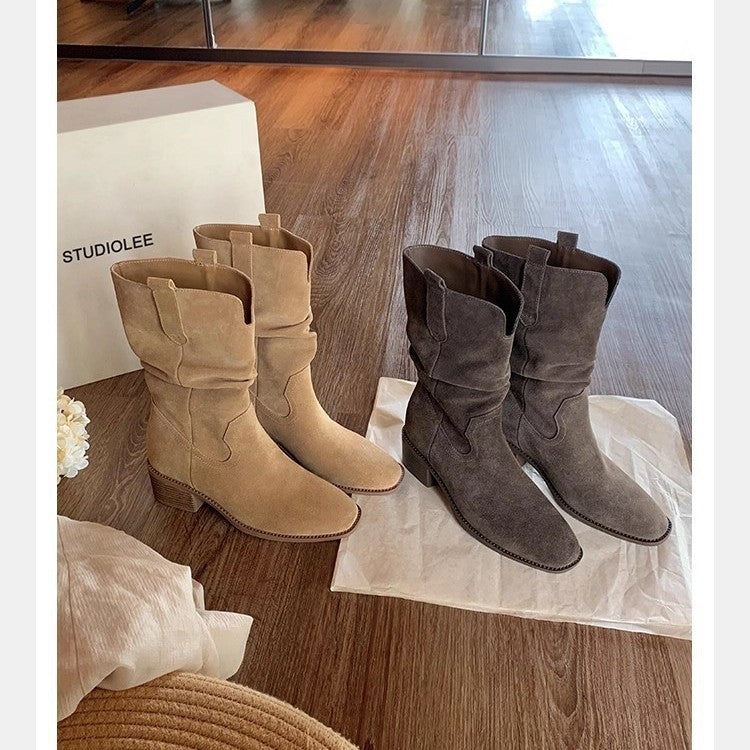 Women's Toe V Cut Chunky Platform Slimming Big Women's Leather Boots
