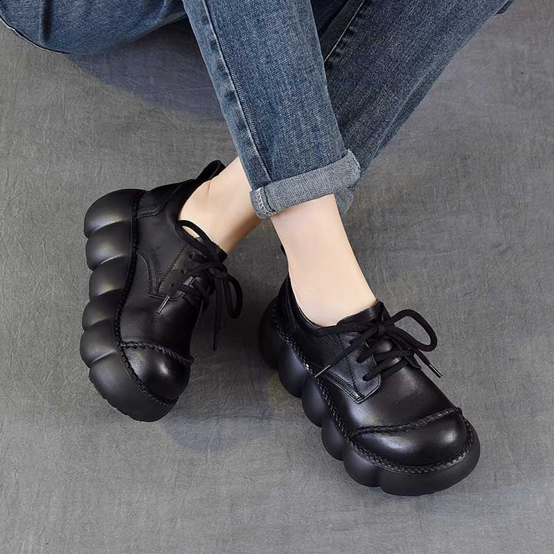 Round Toe Vintage British Style Thick Bottom First Layer Cowhide Women's Casual Shoes