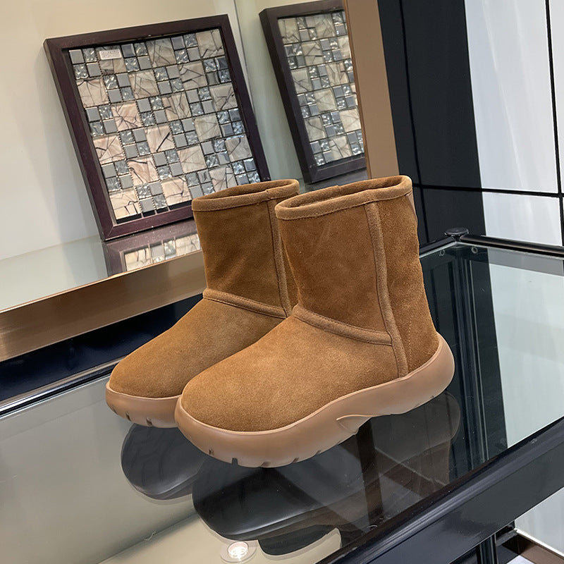 Women's Real Fur Integrated Fleece-lined Thickened Short Snow Boots