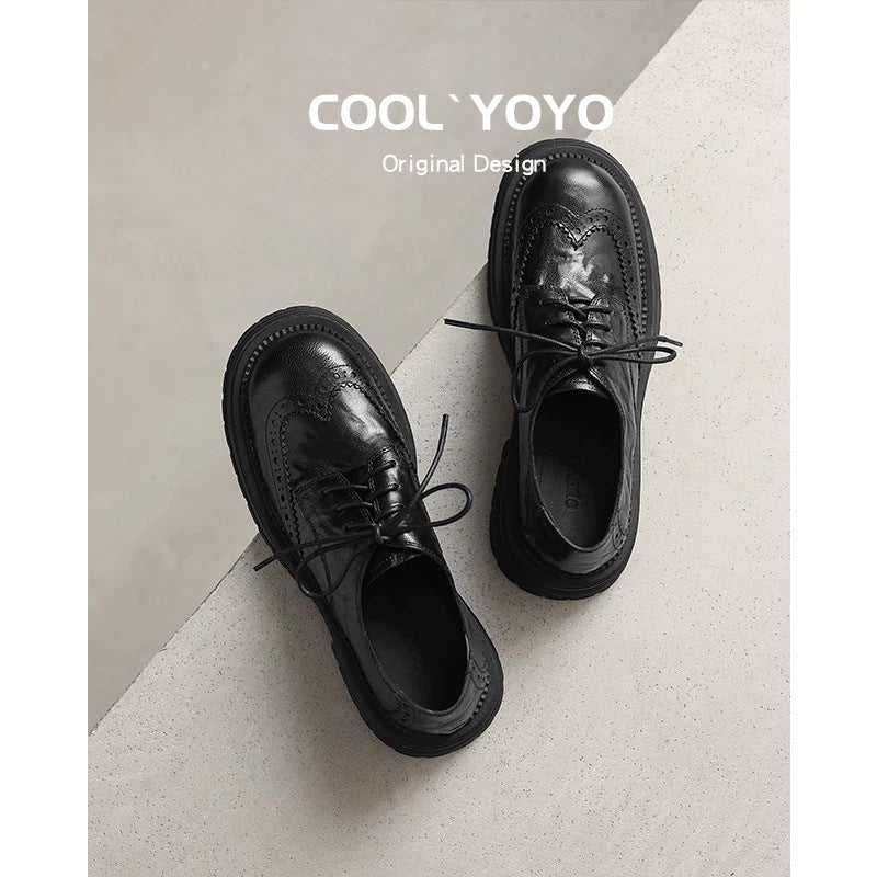 Women's Black Genuine Pumps Thick Bottom British Style Women's Casual Shoes