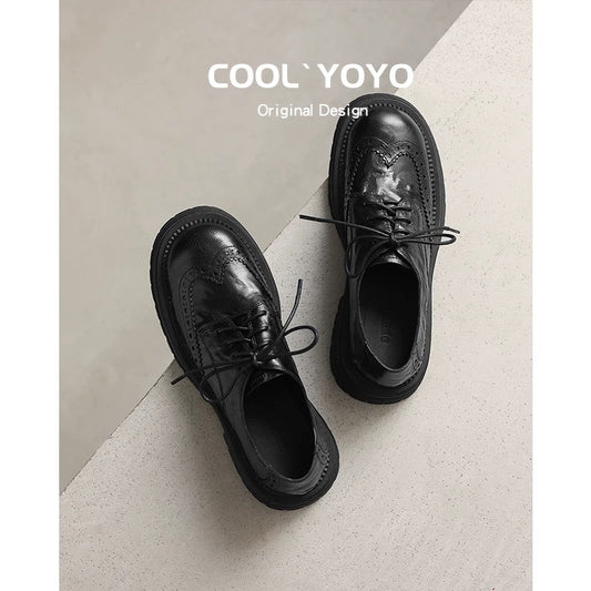Women's Black Genuine Pumps Thick Bottom British Style Women's Casual Shoes