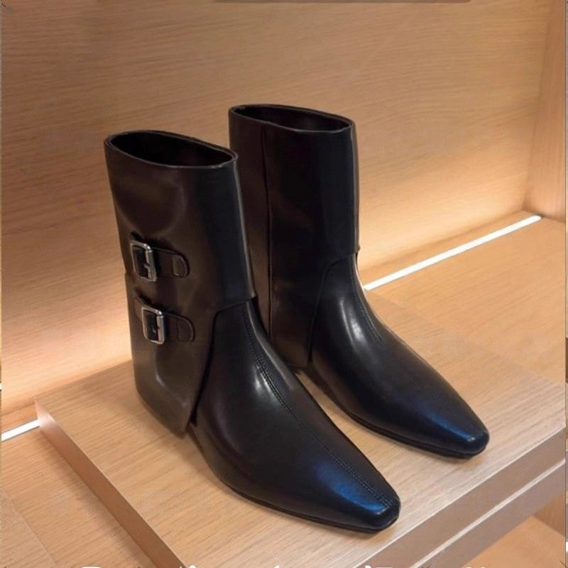 Women's Square Head Rear Zipper Martin Fashion Women's Leather Boots