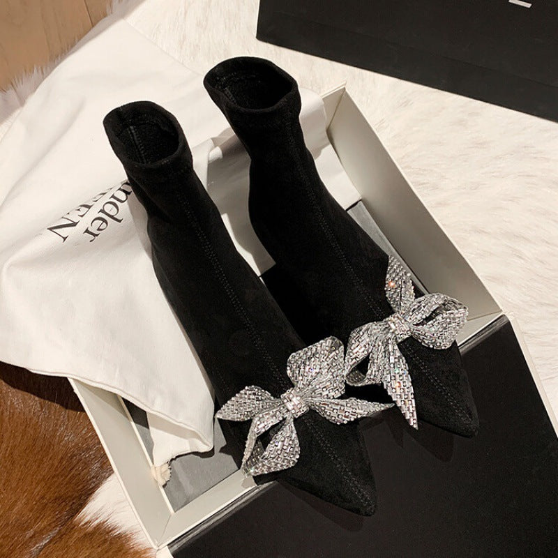 Women's Spring Fashion Rhinestone Short Stiletto Single Boots