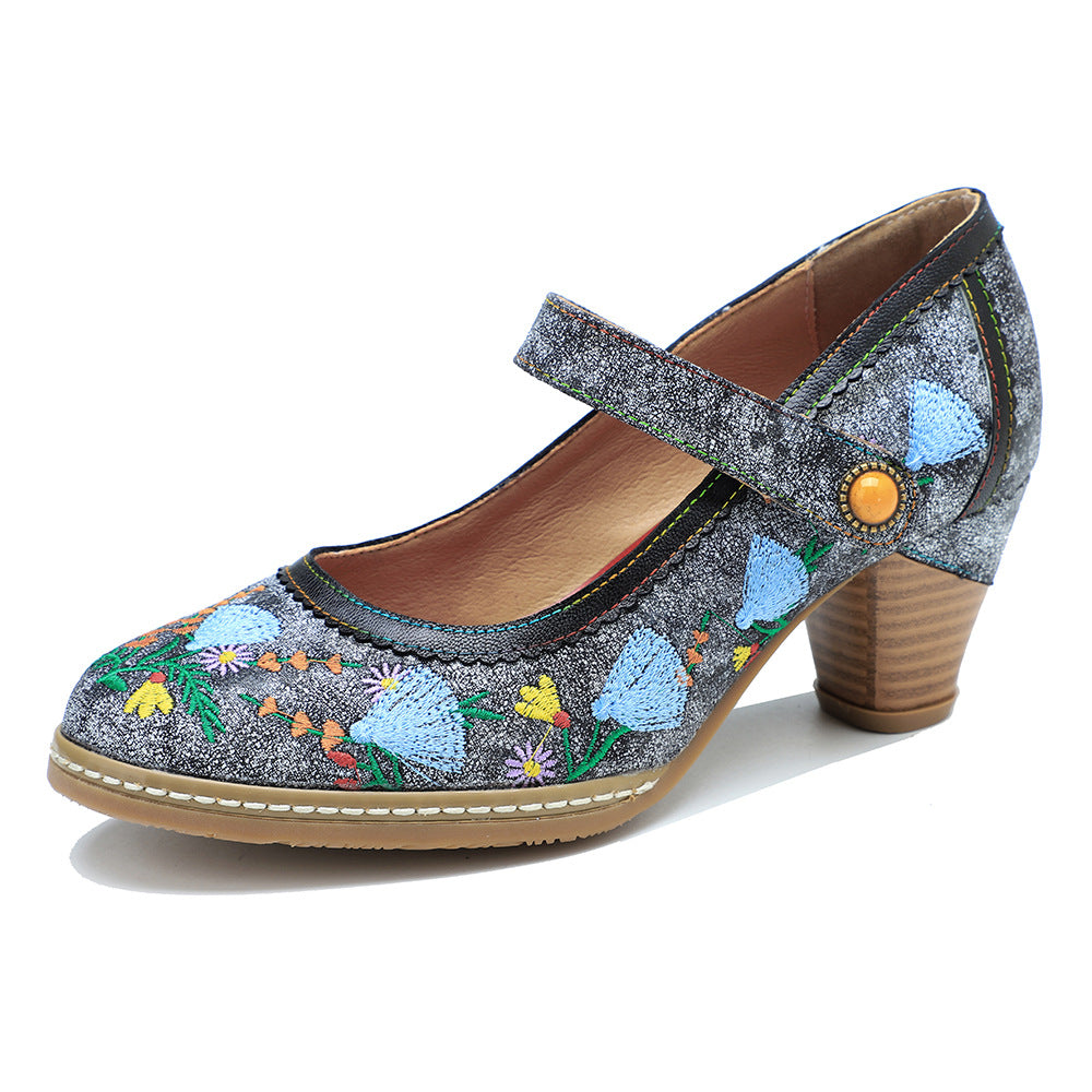 Vintage Embroidered Mary Jane Chunky Comfortable Women's Shoes