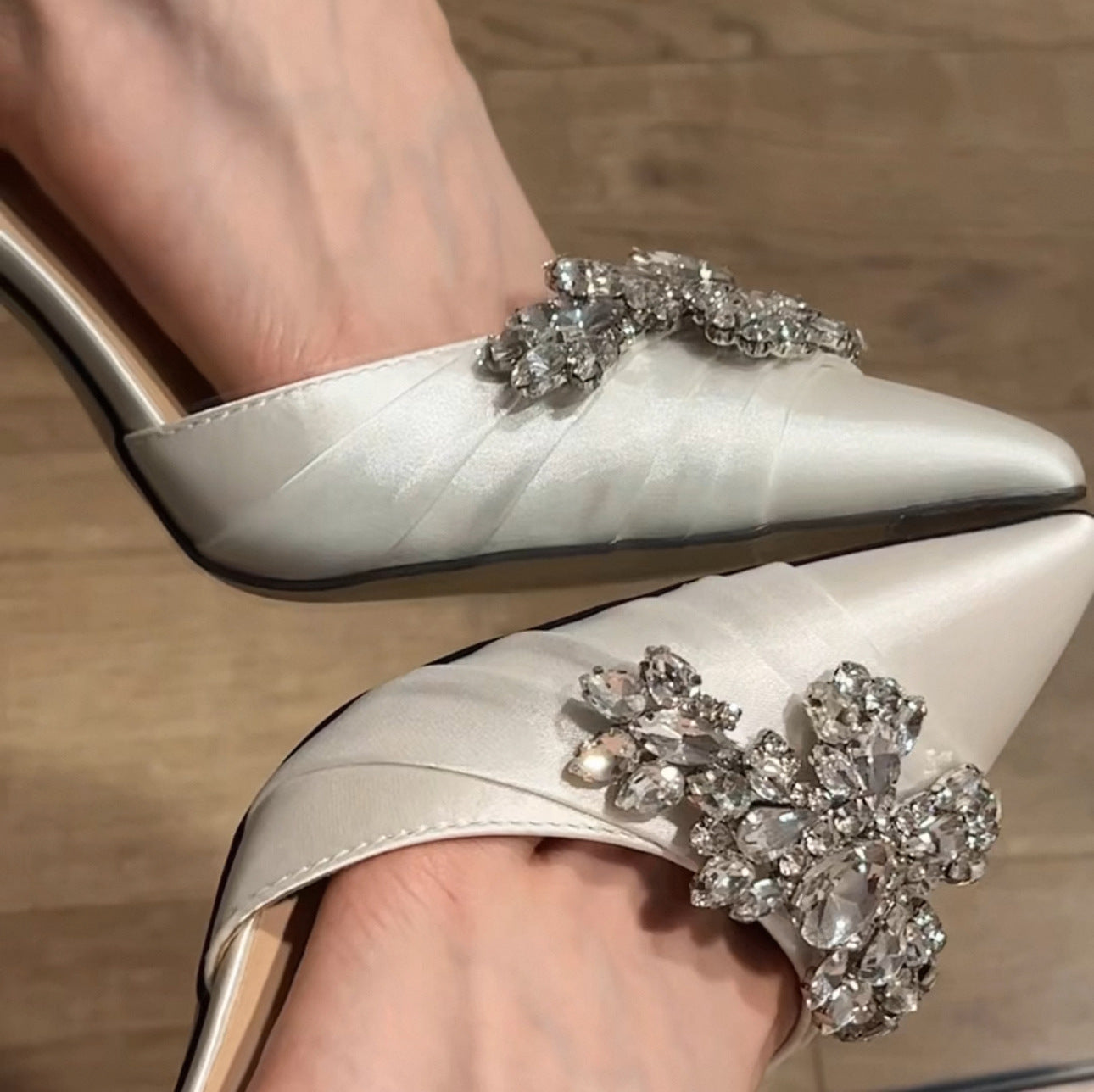 Women's Pointed Toe Shallow Mouth White Niche Wedding Rhinestone Satin Hollow High Heeled Sandals