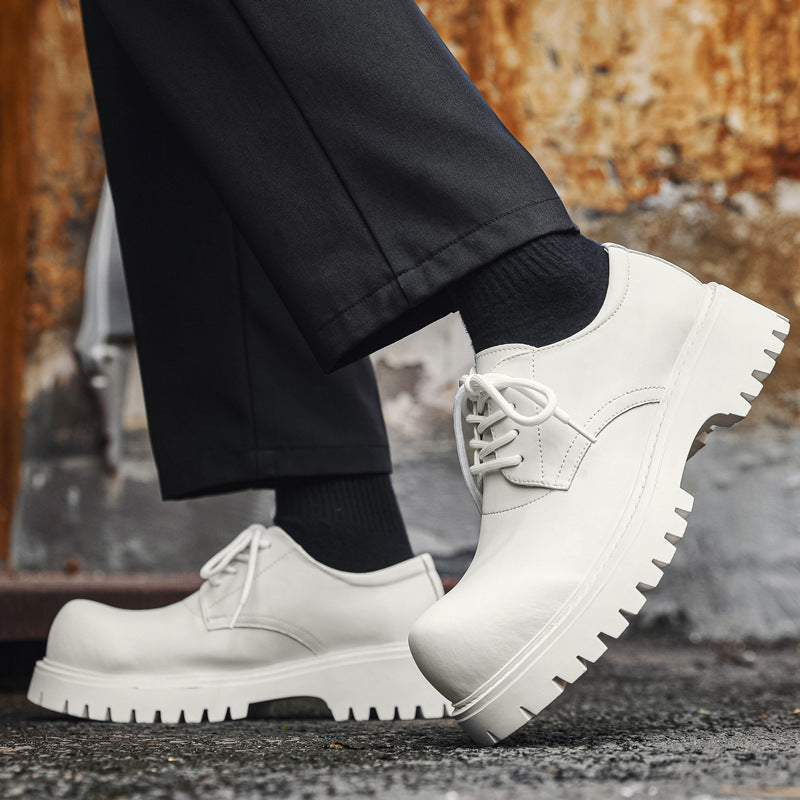 Men's White Spring Breathable Low Top Martin British Thick Sole Leather Shoes