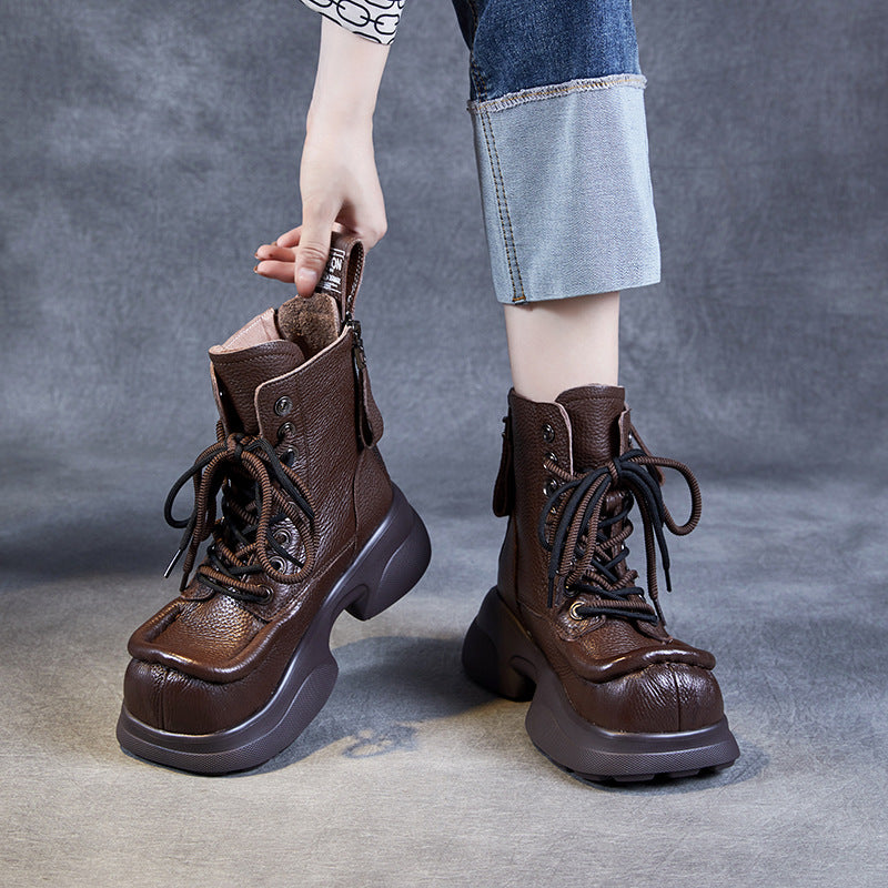 Female Square Toe Thick Bottom Martin Top Layer Women's Shoes