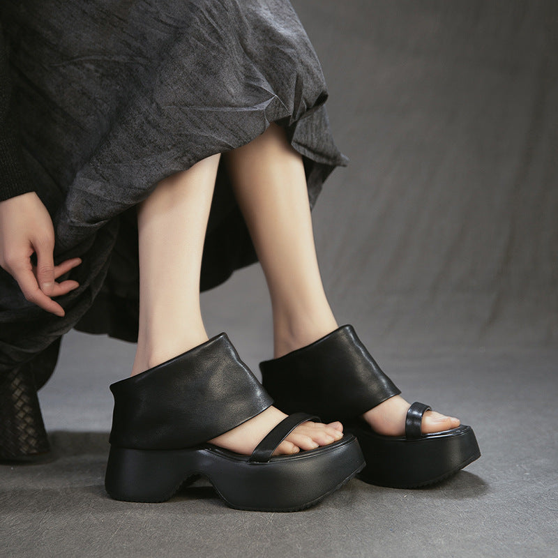 Women's Retro Style For Outer Wear Head Layer Thick-soles Slippers
