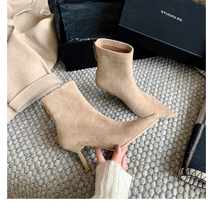 Women's Mom High Pointed Toe Stiletto Zipper Short Women's Leather Boots