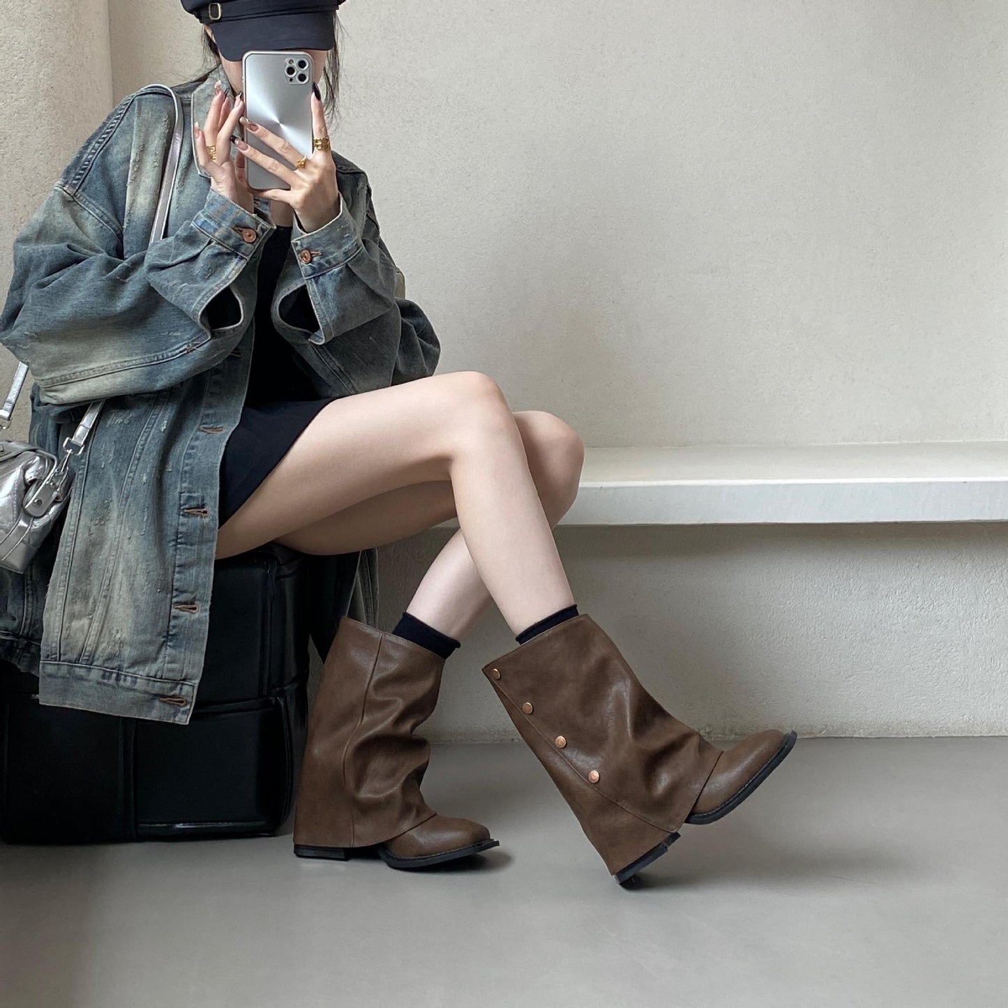 Western Denim Pile Style Knight Early Autumn Martin Women's Leather Boots