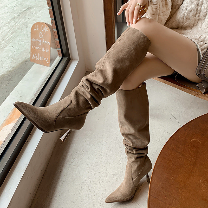 Women's Pointed Toe Long Pile Style Khaki Brown Big Boots