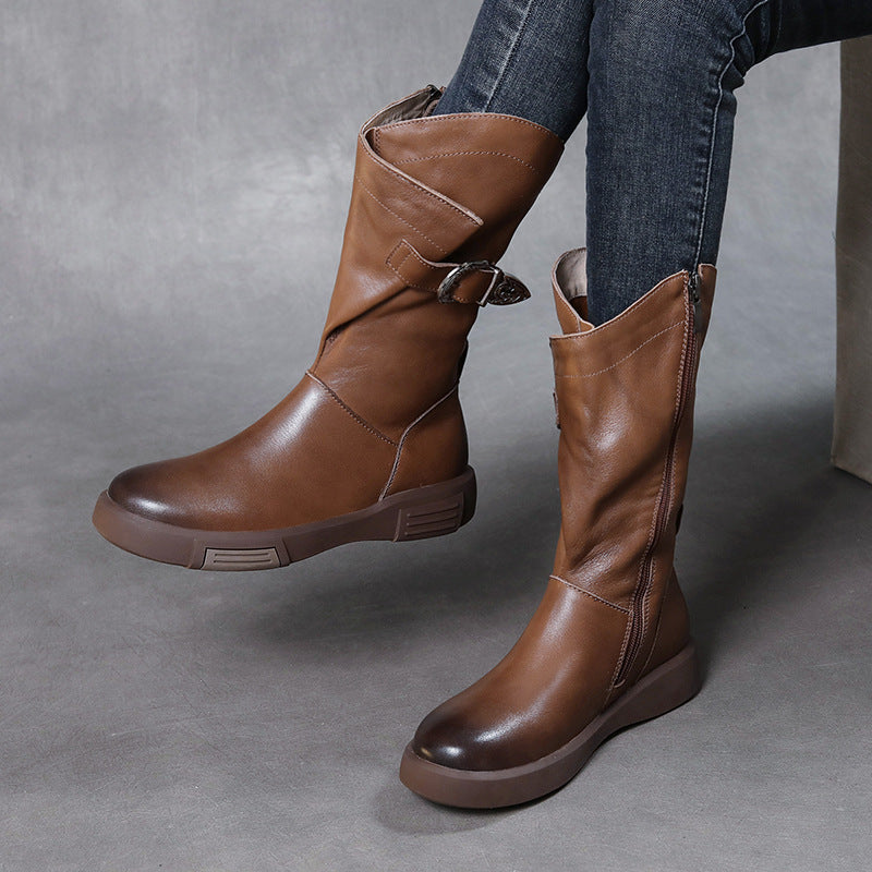 Women's Flat Riding Retro V Cut Side Zipper Slimming Boots