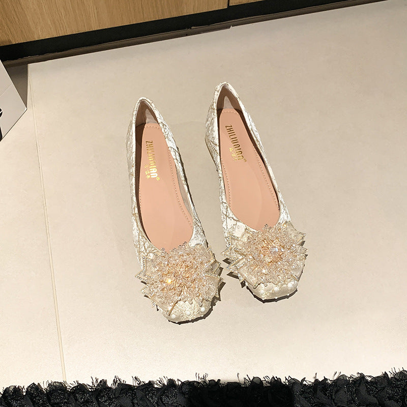 Women's Style Pumps Square Toe Rhinestone French Mid Large Women's Fashion Shoes