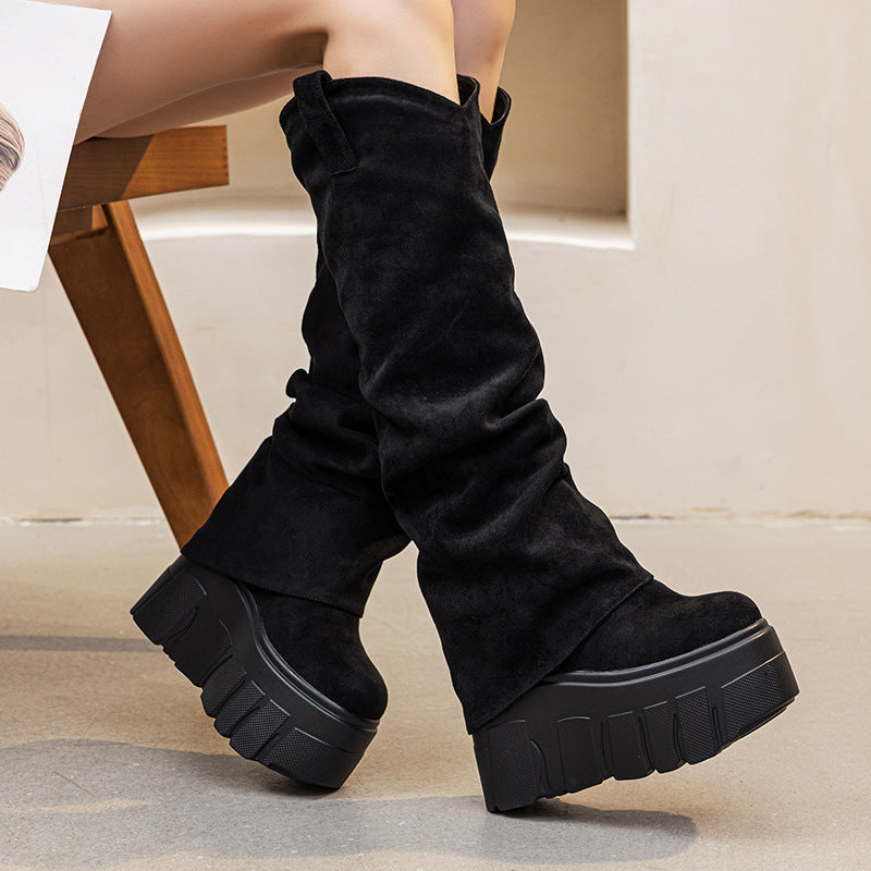 Thick Bottom Ruffle Pantyhose Suede Height Increasing Insole Pile Style Women's Leather Boots