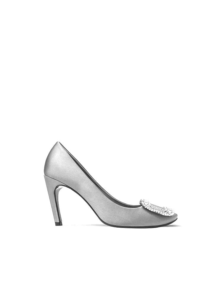 Women's Rhinestone Square Buckle Round Toe Satin Shallow Women's Fashion Shoes