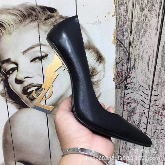 Women's French Style Pumps Black Patent Letters Profiled Shallow Mouth Pointed Women's Fashion Shoes