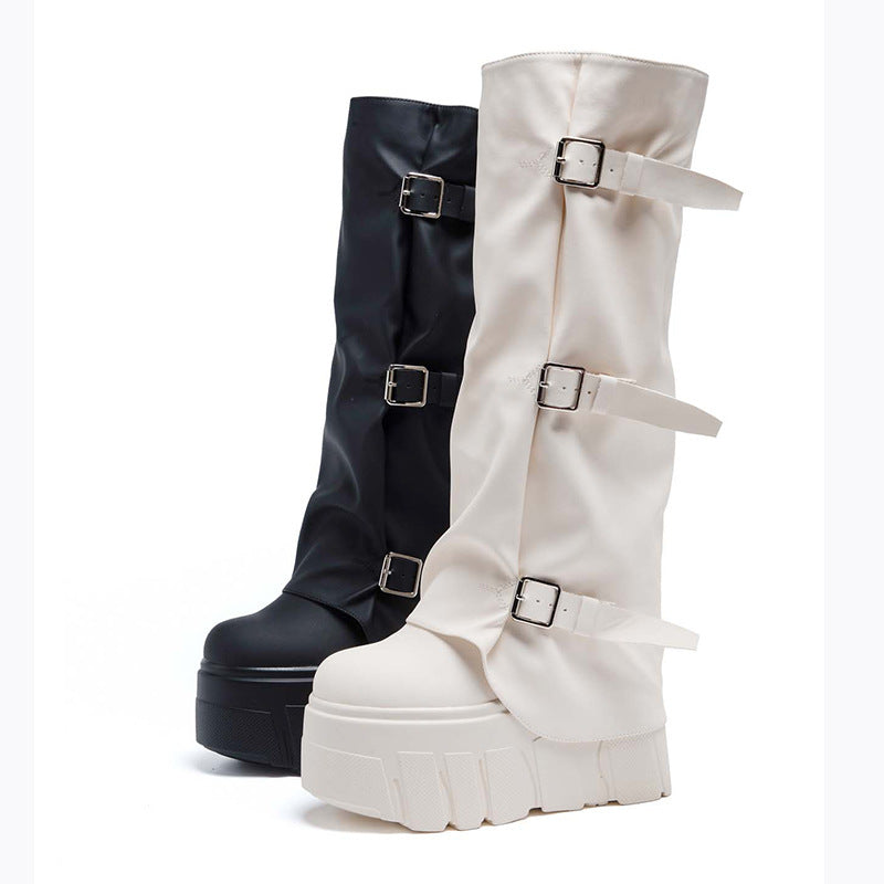 Platform High Female Design Belt Buckle Side Zipper Below The Boots