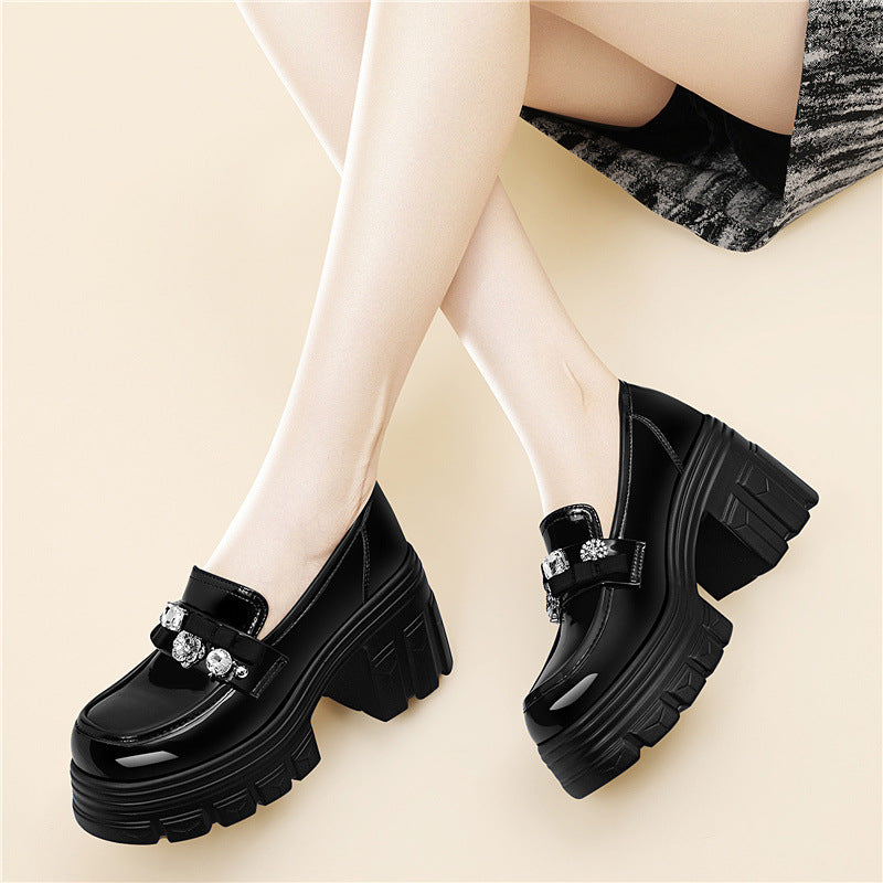 Women's Style Chunky Thick Bottom Early Spring Pumps Black Patent Heels