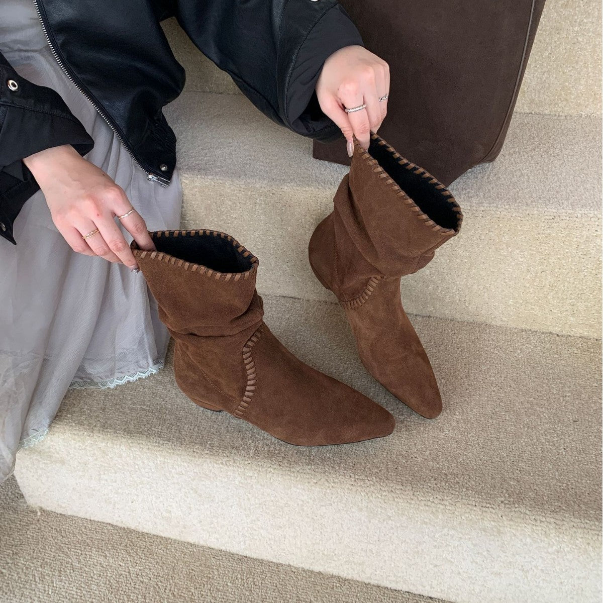 Women's Round Head Genuine Frosted Low-cut Woven Women's Leather Boots