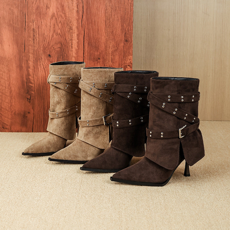 Women's Belt Buckle Wide Pointed Stiletto Short High Boots