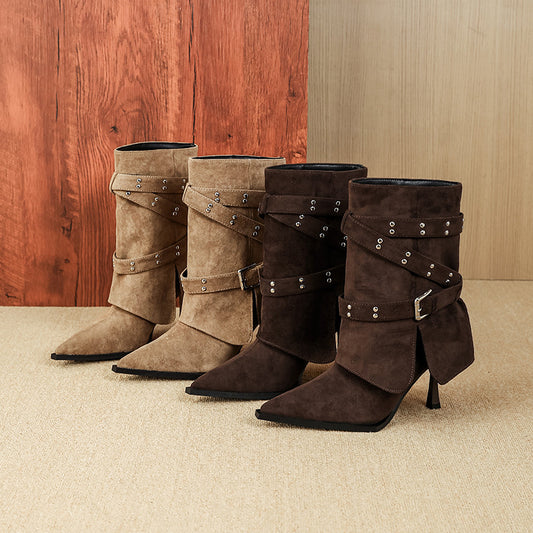 Women's Belt Buckle Wide Pointed Stiletto Short High Boots