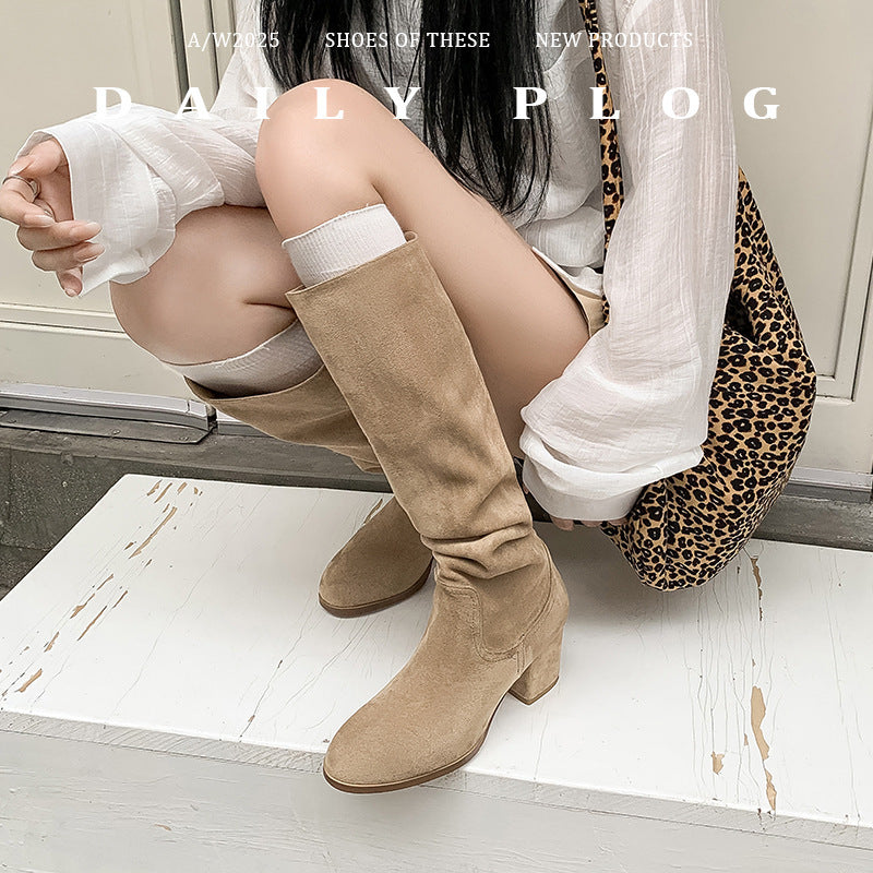Women's Grape Mom Round Head Chunky Western Cowboy Two-way Wear Women's Leather Boots