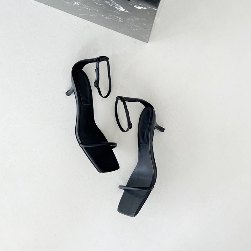 Women's Buckle Fashion Summer Stiletto Square Toe Open Genuine High Heeled Sandals