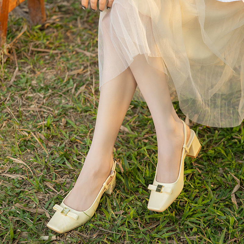 Women's Bow Shallow Mouth Slingback Mid Chunky Women's Shoes